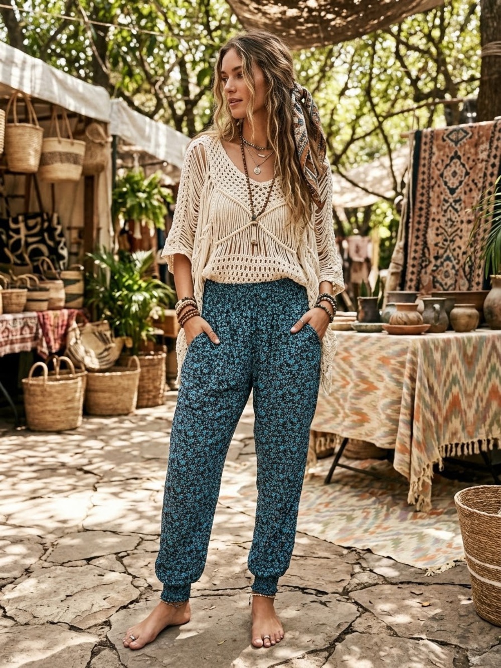 Aerie Floral Boho Jogger Pocket Pants Blue Brown Small